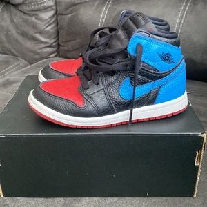 Blue and red jordan high 1